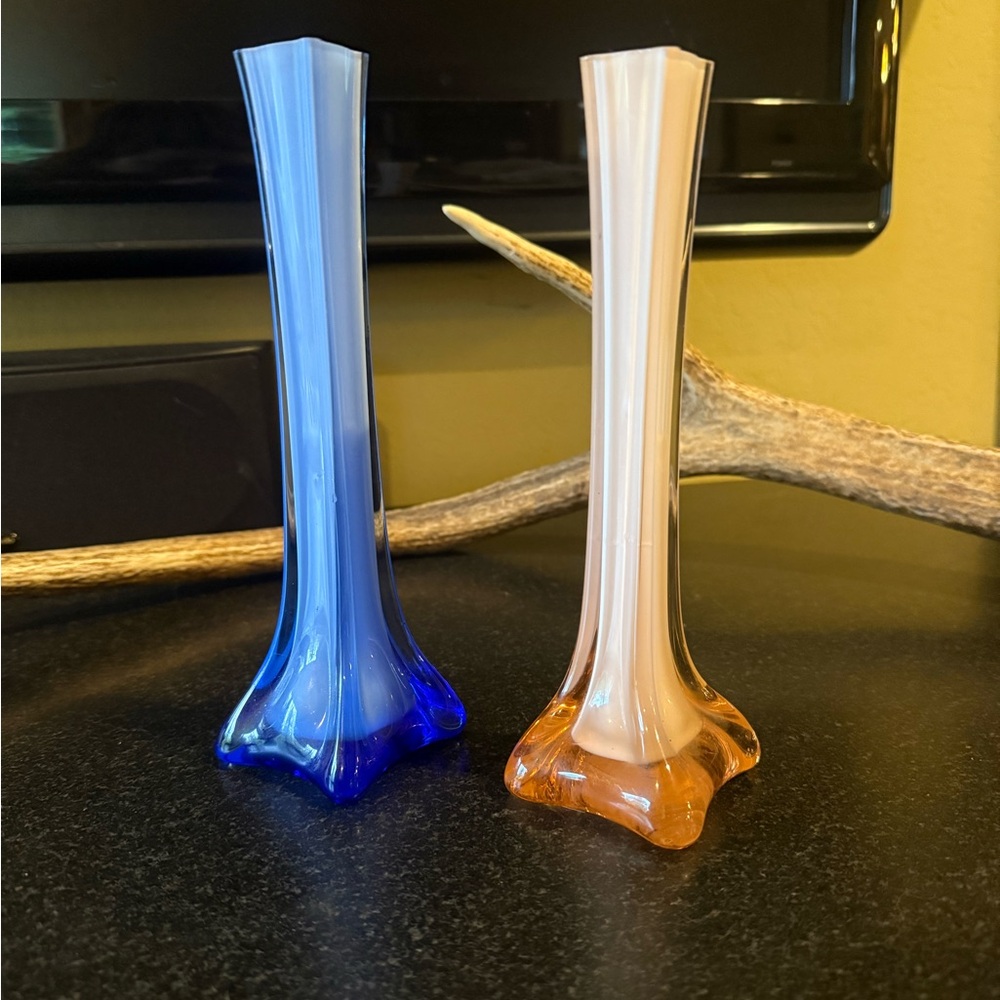 Vintage Frosted Glass Vases Blue and Pink